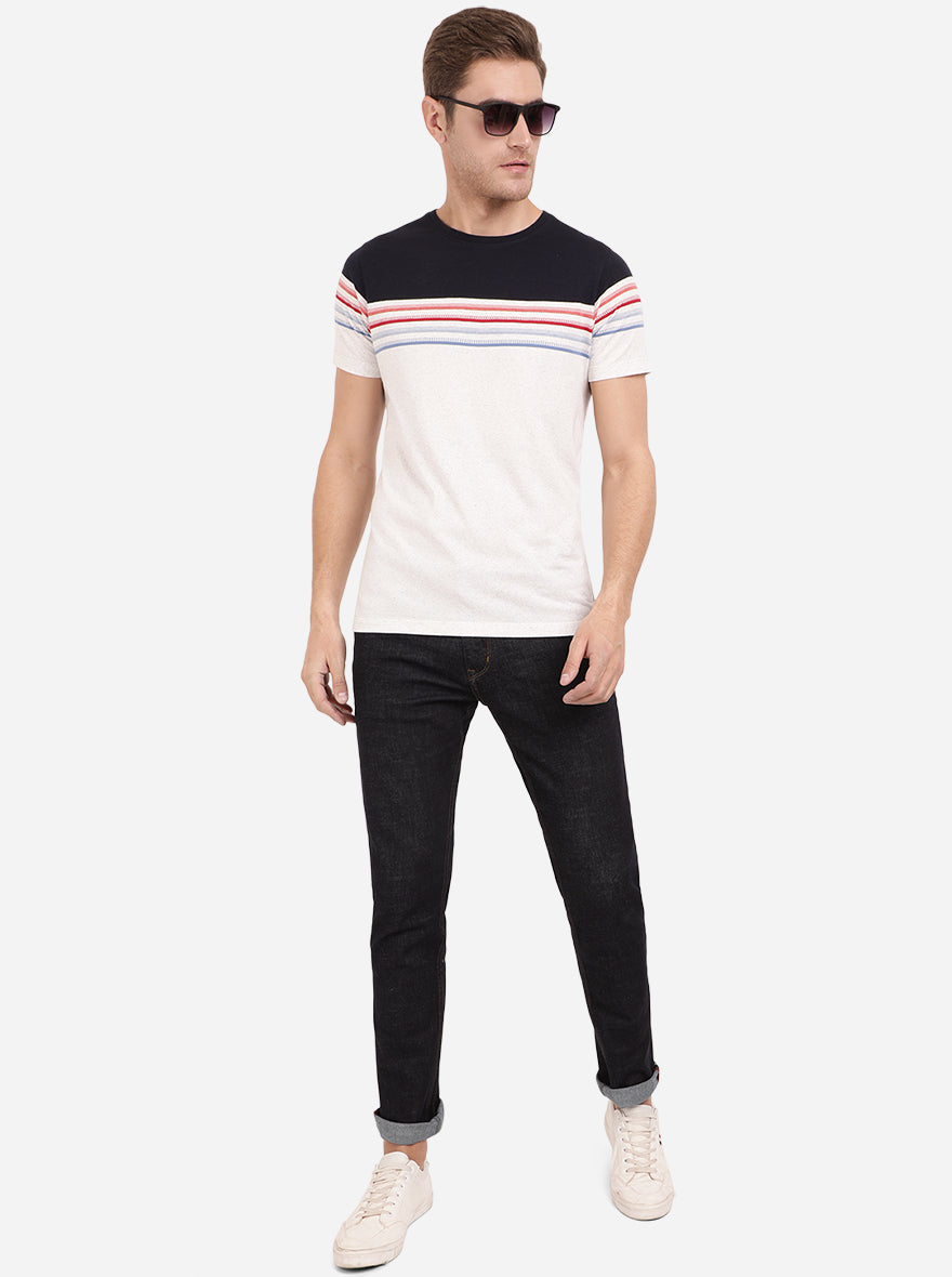 Navy Blue & White Striped Slim Fit T-Shirt | pehervi