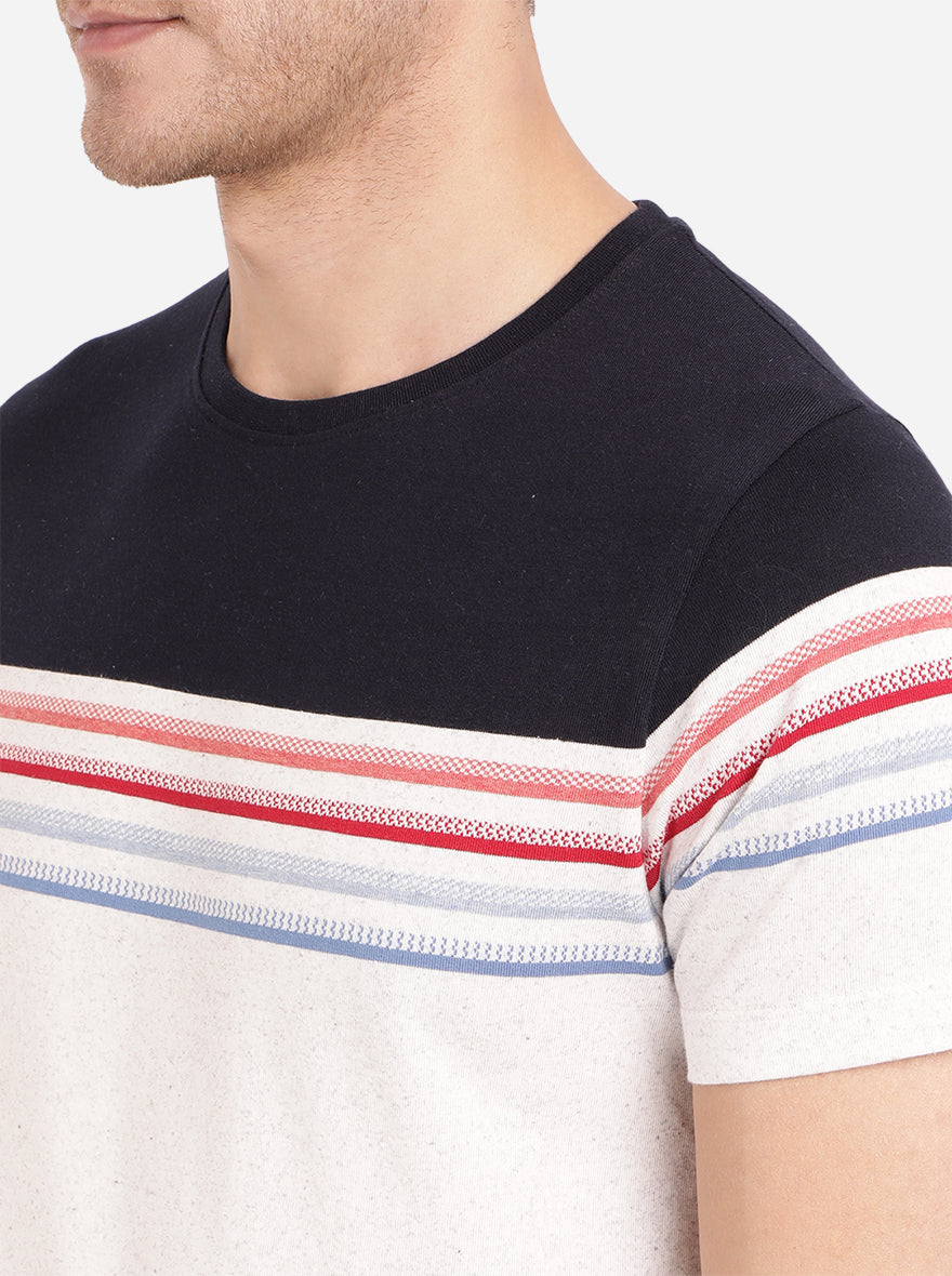 Navy Blue & White Striped Slim Fit T-Shirt | pehervi