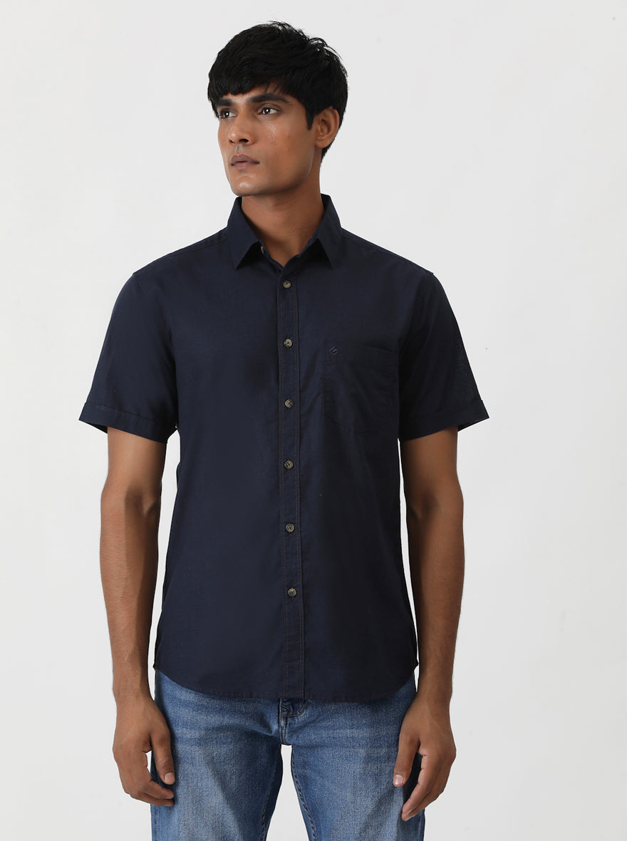 Navy Blue Solid Slim Fit Casual Shirt | pehervi