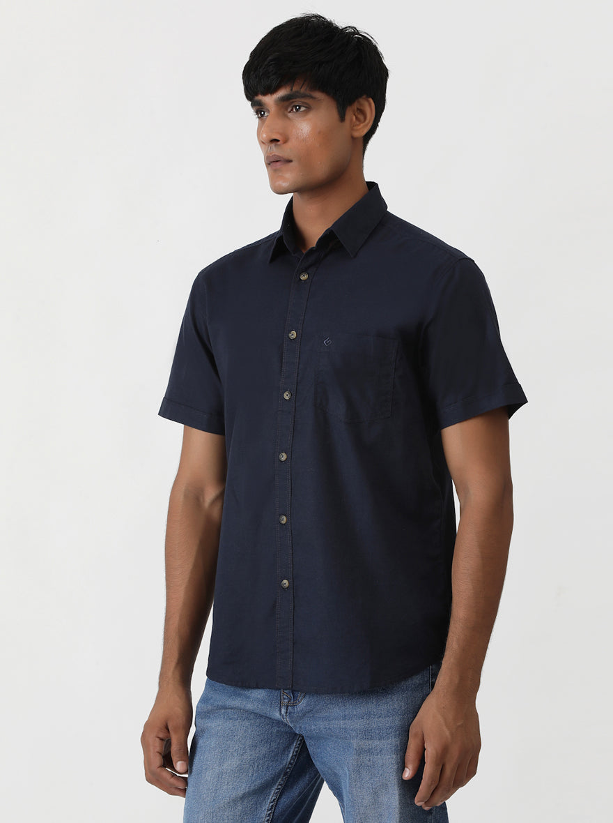 Navy Blue Solid Slim Fit Casual Shirt | pehervi