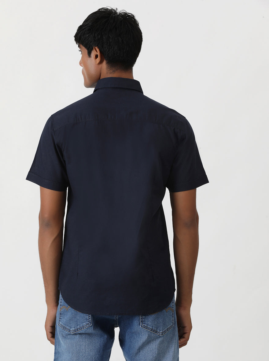 Navy Blue Solid Slim Fit Casual Shirt | pehervi