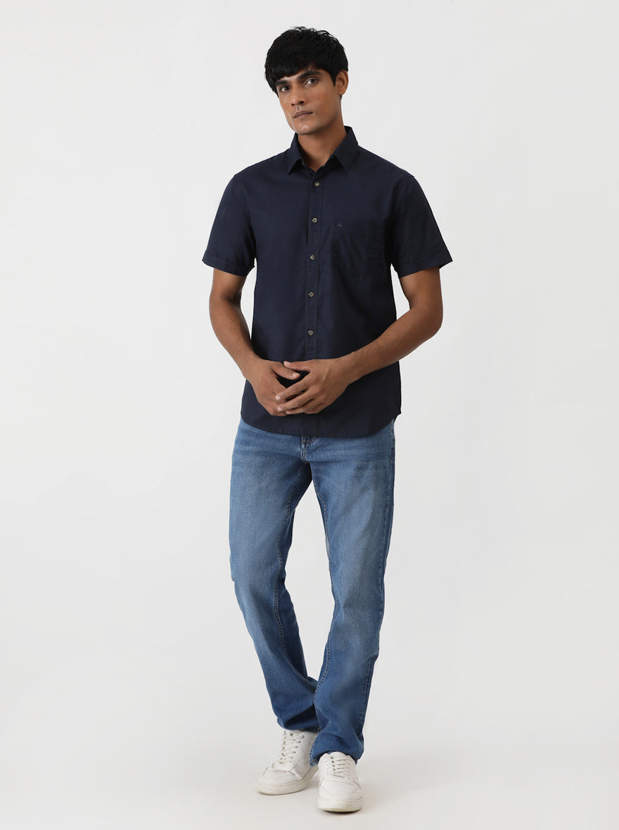 Navy Blue Solid Slim Fit Casual Shirt | pehervi