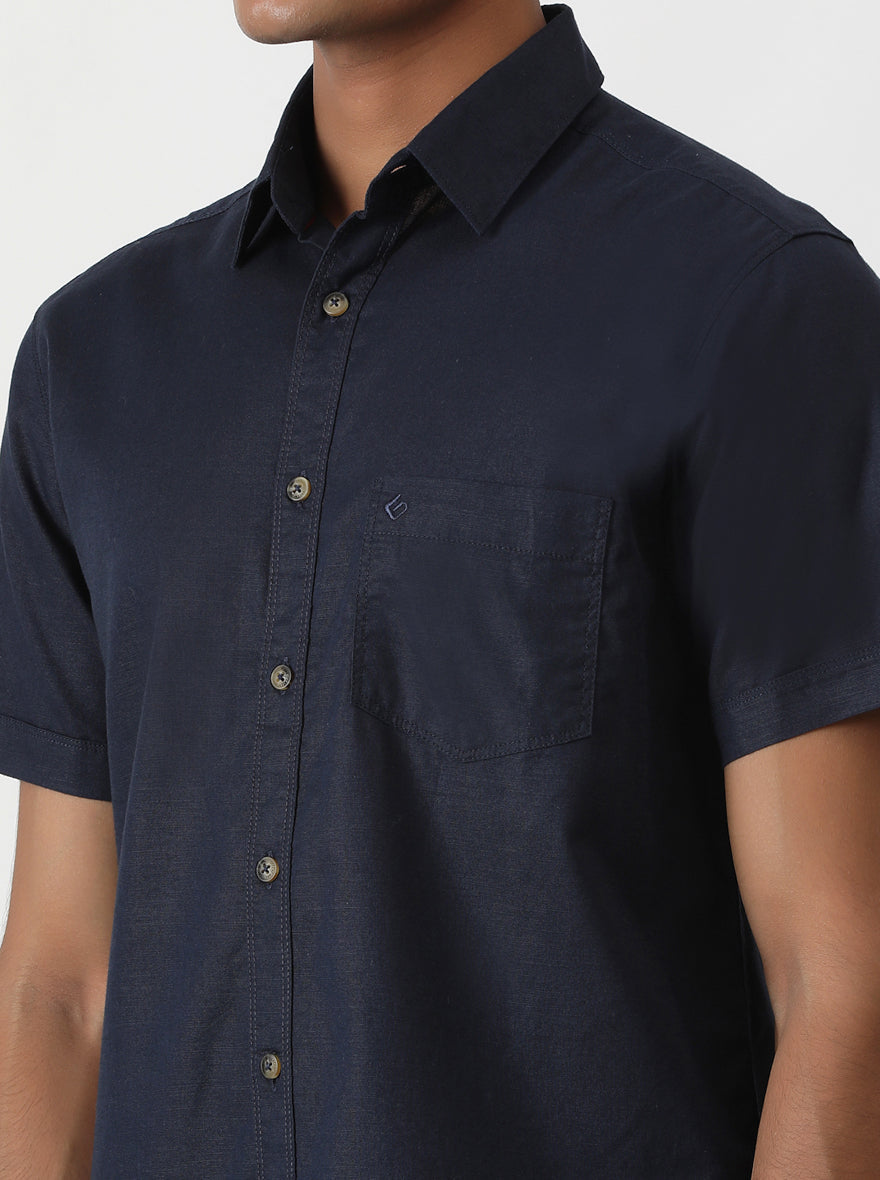 Navy Blue Solid Slim Fit Casual Shirt | pehervi