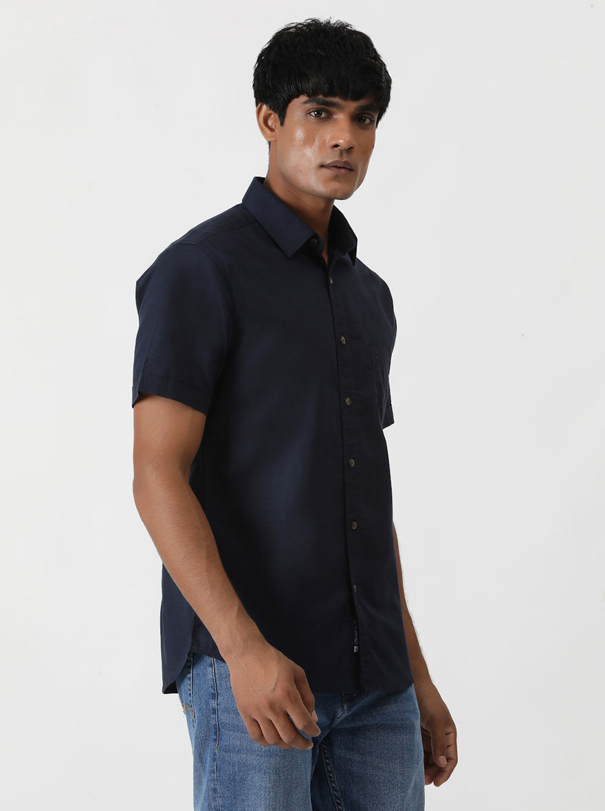 Navy Blue Solid Slim Fit Casual Shirt | pehervi