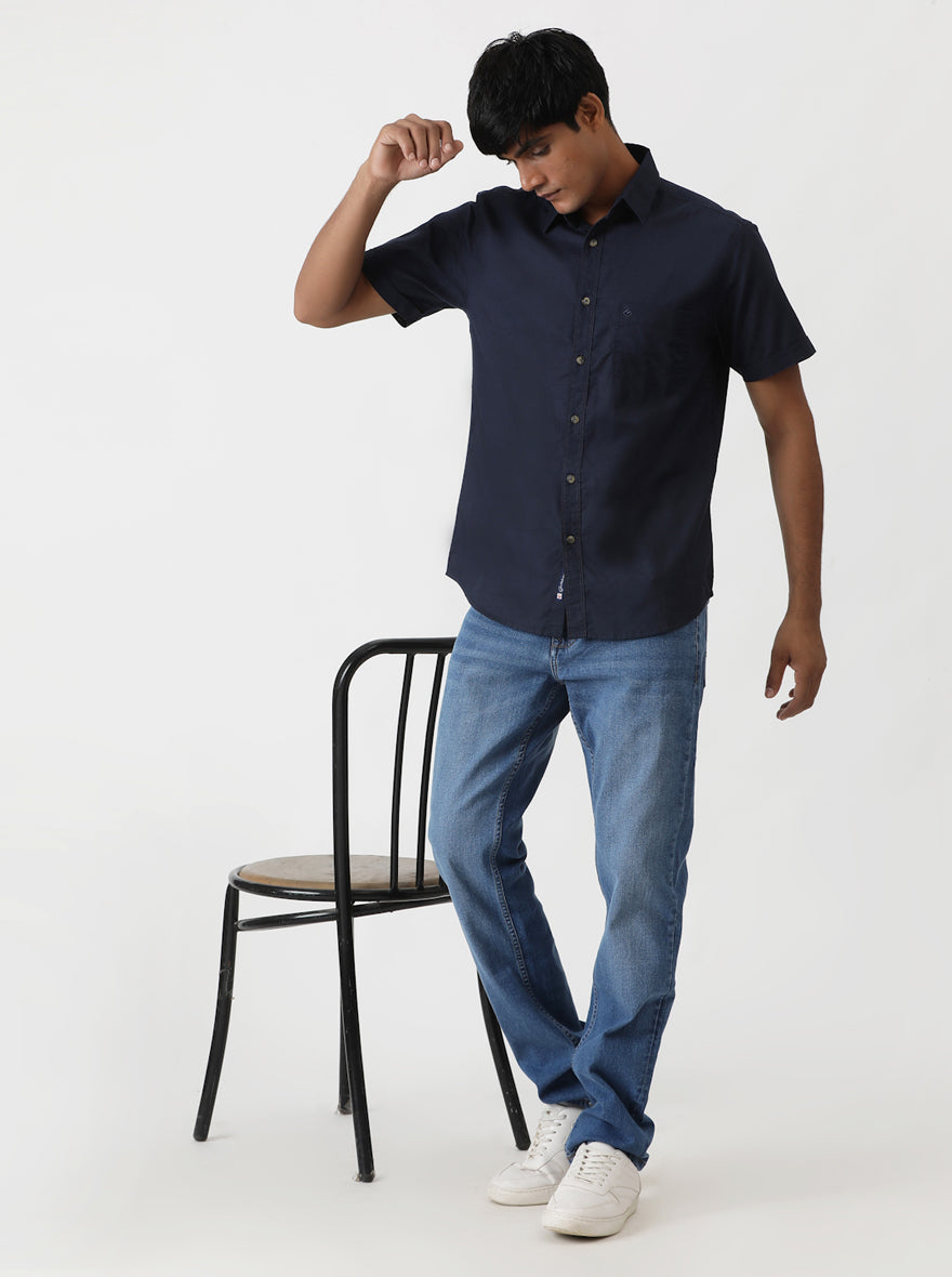 Navy Blue Solid Slim Fit Casual Shirt | pehervi
