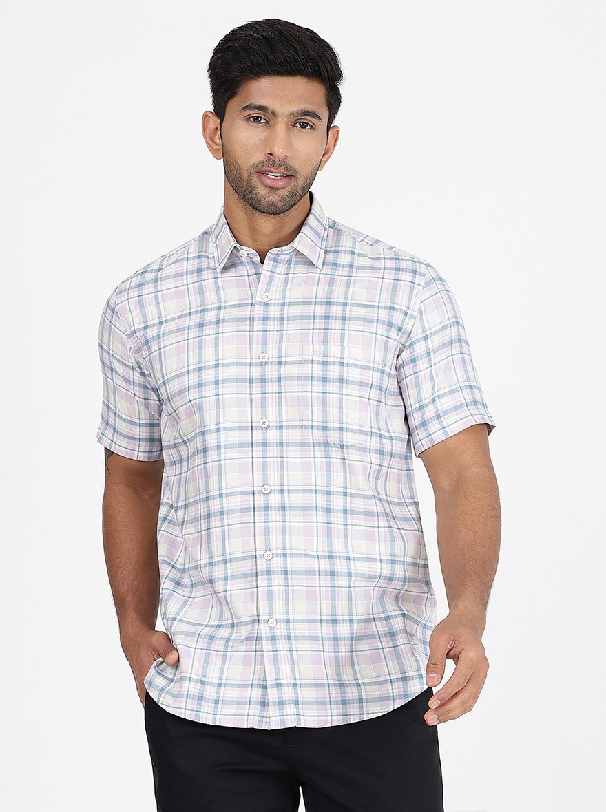 Light Blue Checked Slim Fit Semi Casual Shirt | Pehervi