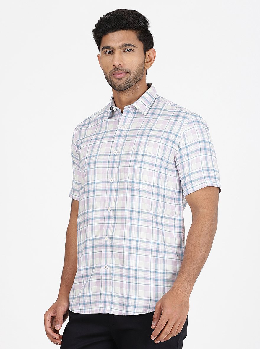 Light Blue Checked Slim Fit Semi Casual Shirt | Pehervi