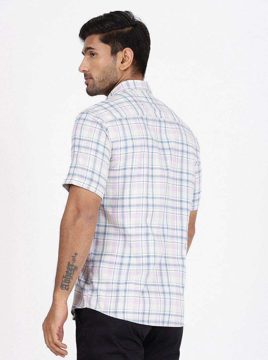 Light Blue Checked Slim Fit Semi Casual Shirt | Pehervi
