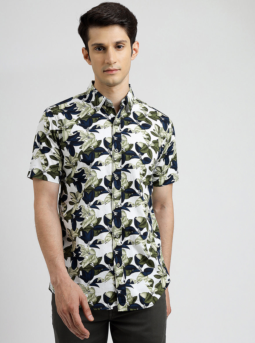 Green Printed Slim Fit Casual Shirt | pehervi
