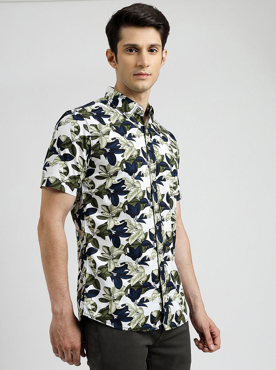 Green Printed Slim Fit Casual Shirt | pehervi
