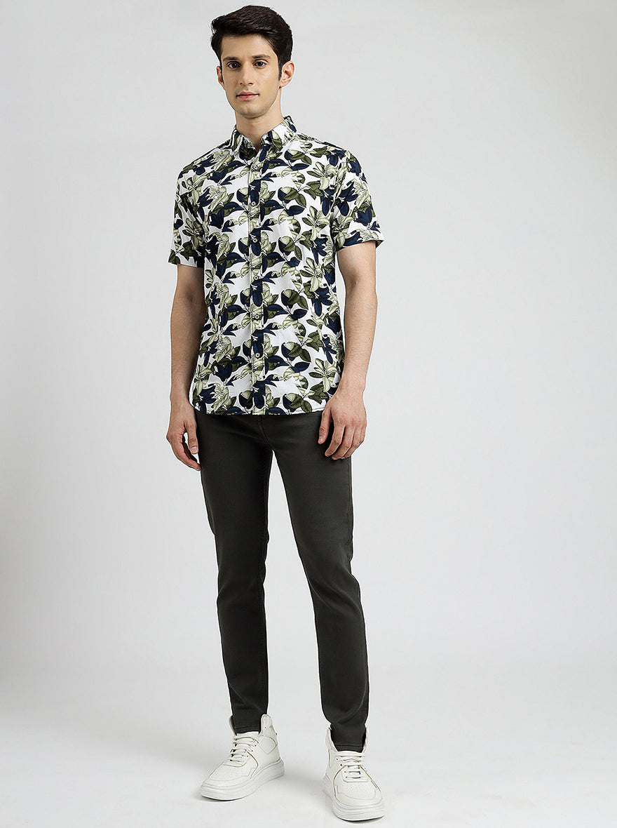 Green Printed Slim Fit Casual Shirt | pehervi