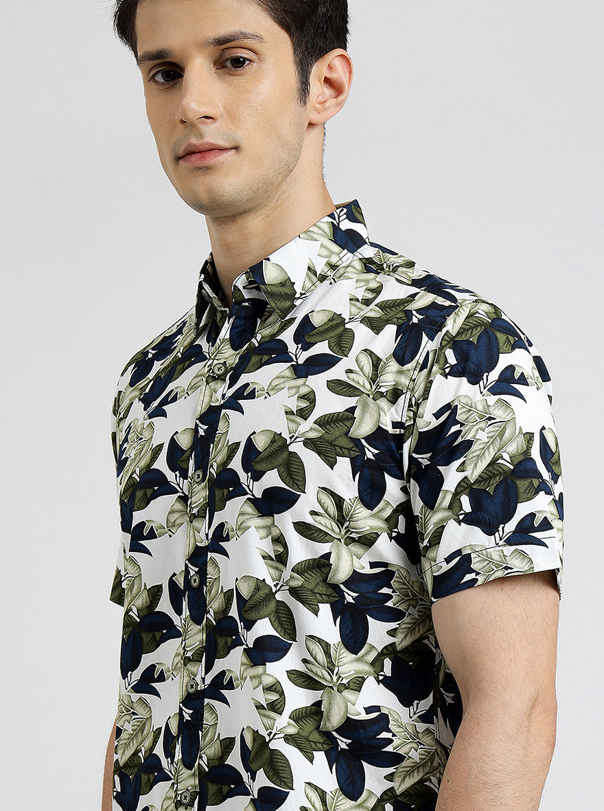 Green Printed Slim Fit Casual Shirt | pehervi