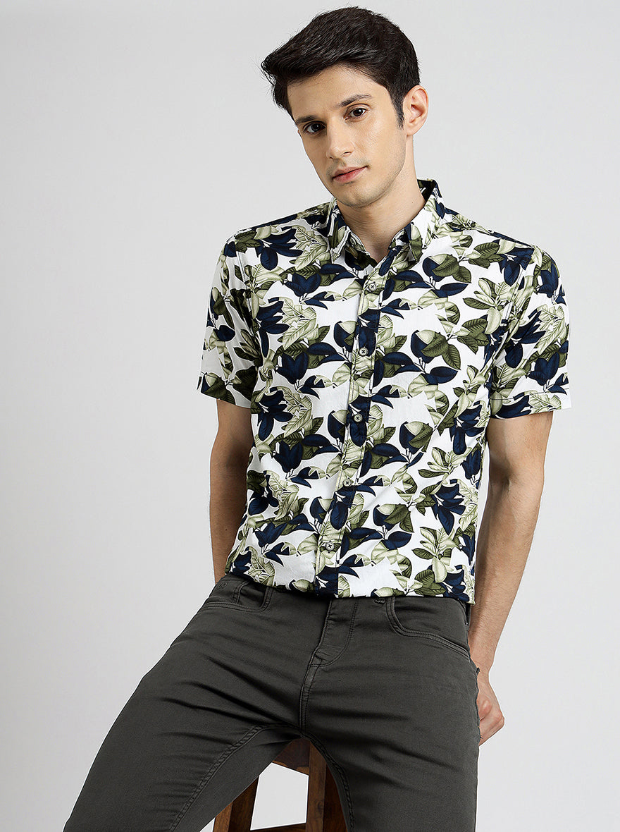 Green Printed Slim Fit Casual Shirt | pehervi