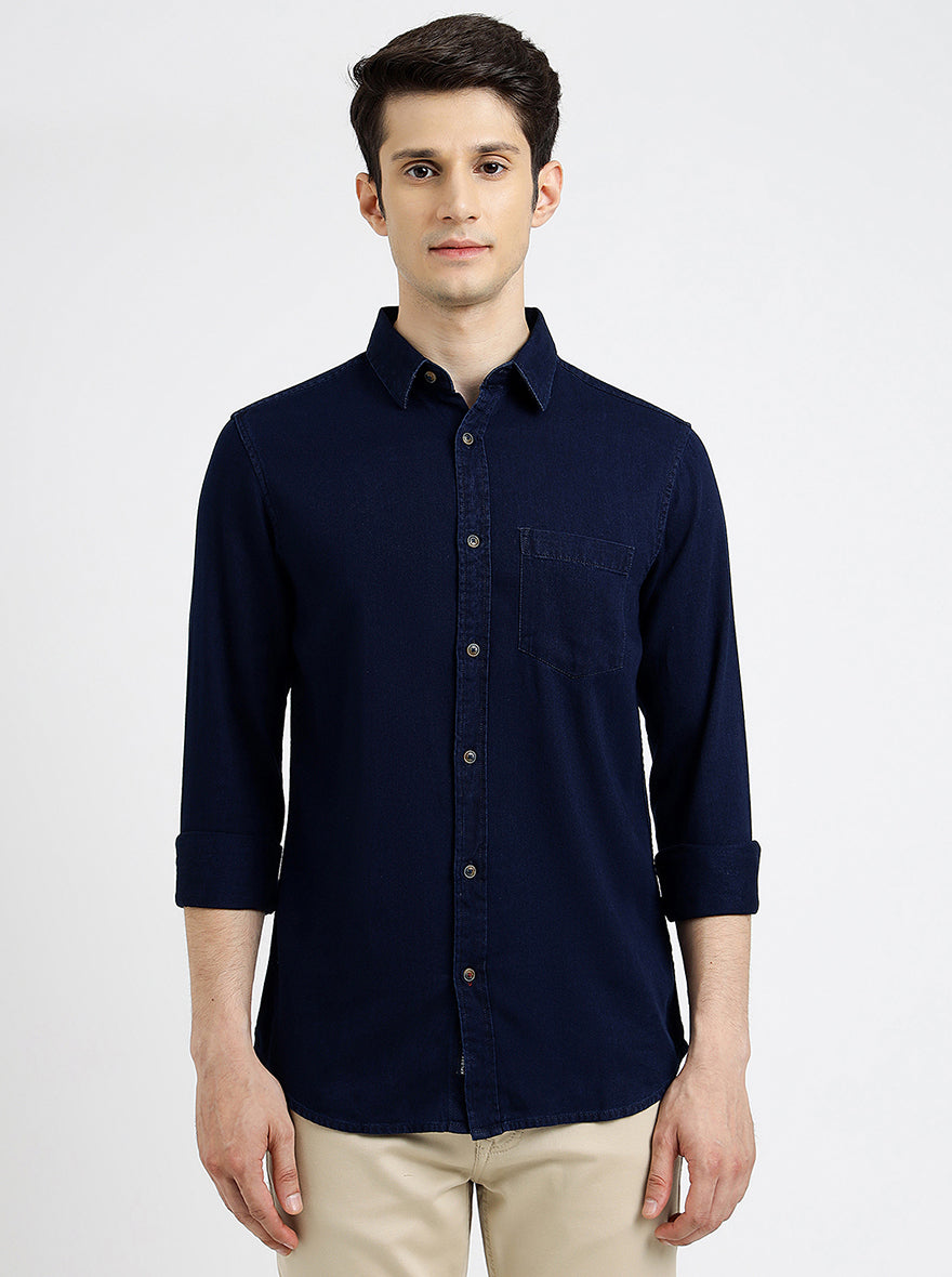 Navy Blue Solid Slim Fit Casual Shirt | pehervi