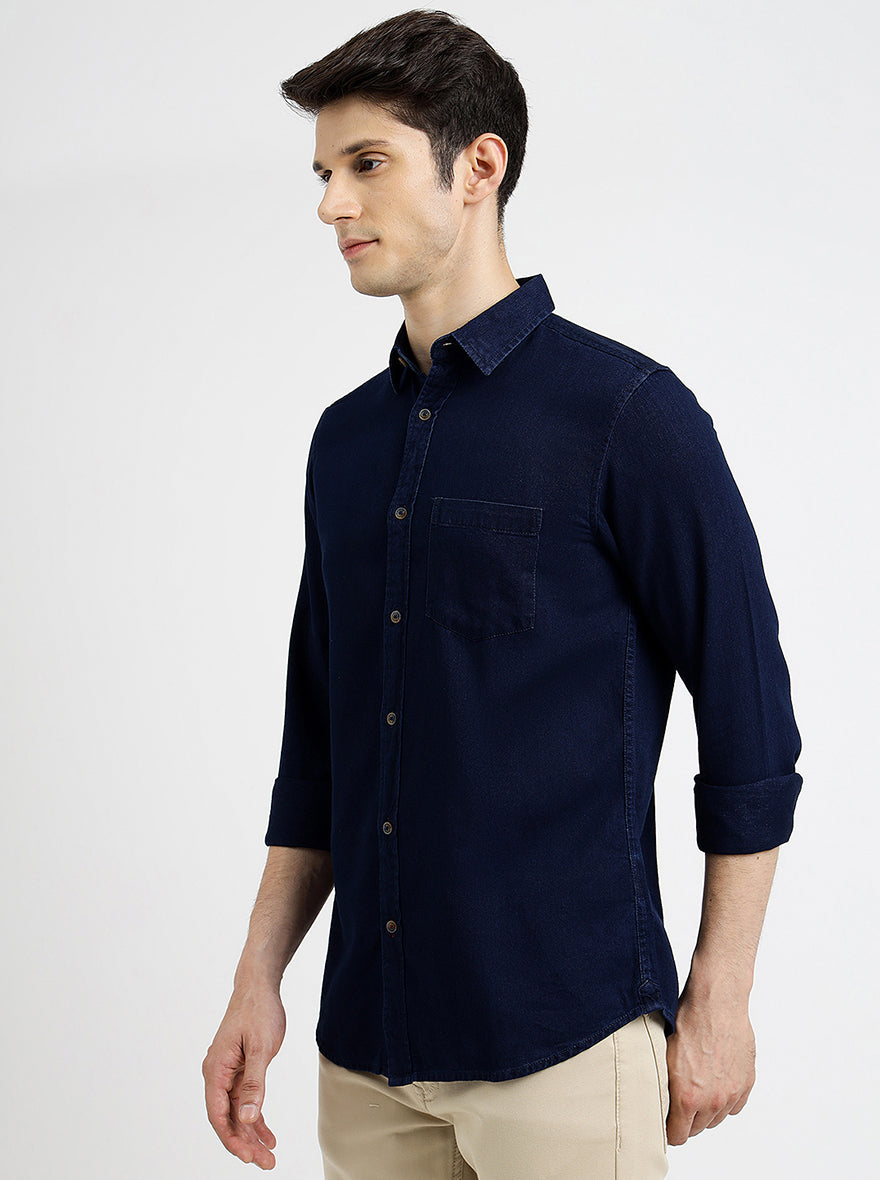 Navy Blue Solid Slim Fit Casual Shirt | pehervi