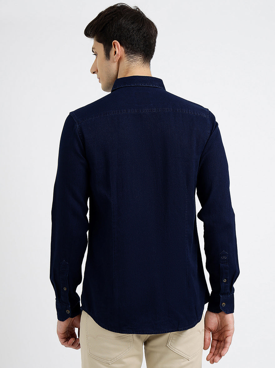 Navy Blue Solid Slim Fit Casual Shirt | pehervi