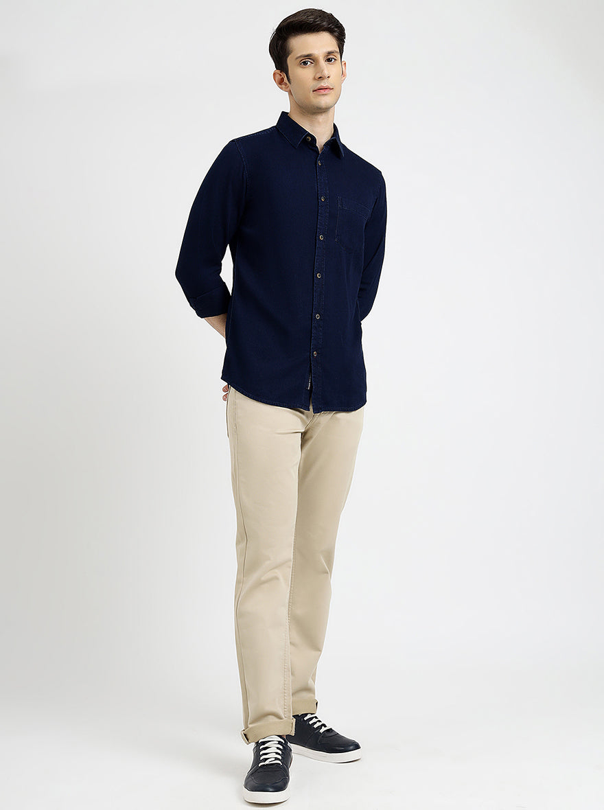 Navy Blue Solid Slim Fit Casual Shirt | pehervi