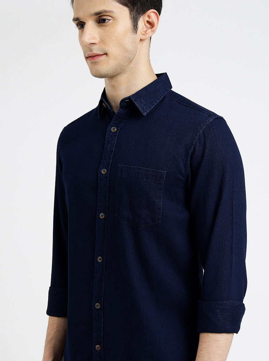Navy Blue Solid Slim Fit Casual Shirt | pehervi