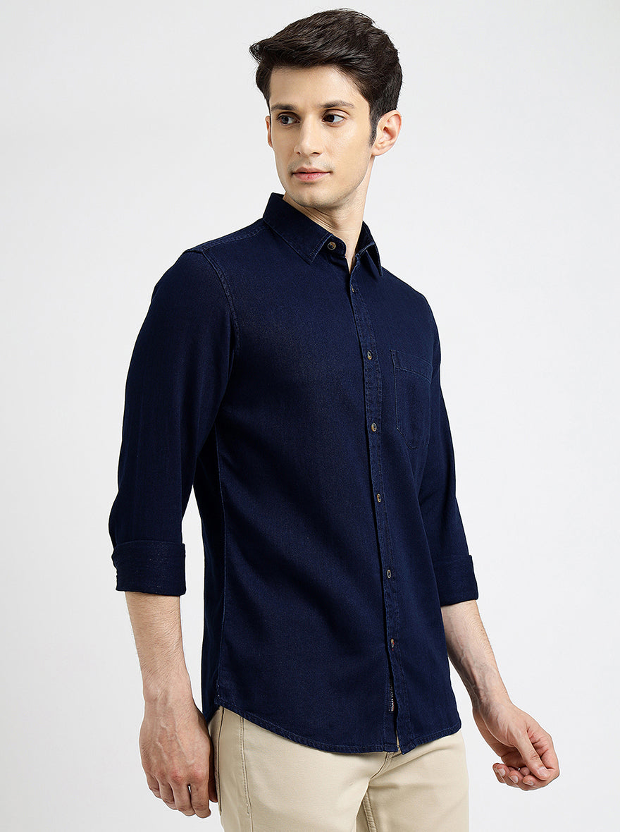 Navy Blue Solid Slim Fit Casual Shirt | pehervi