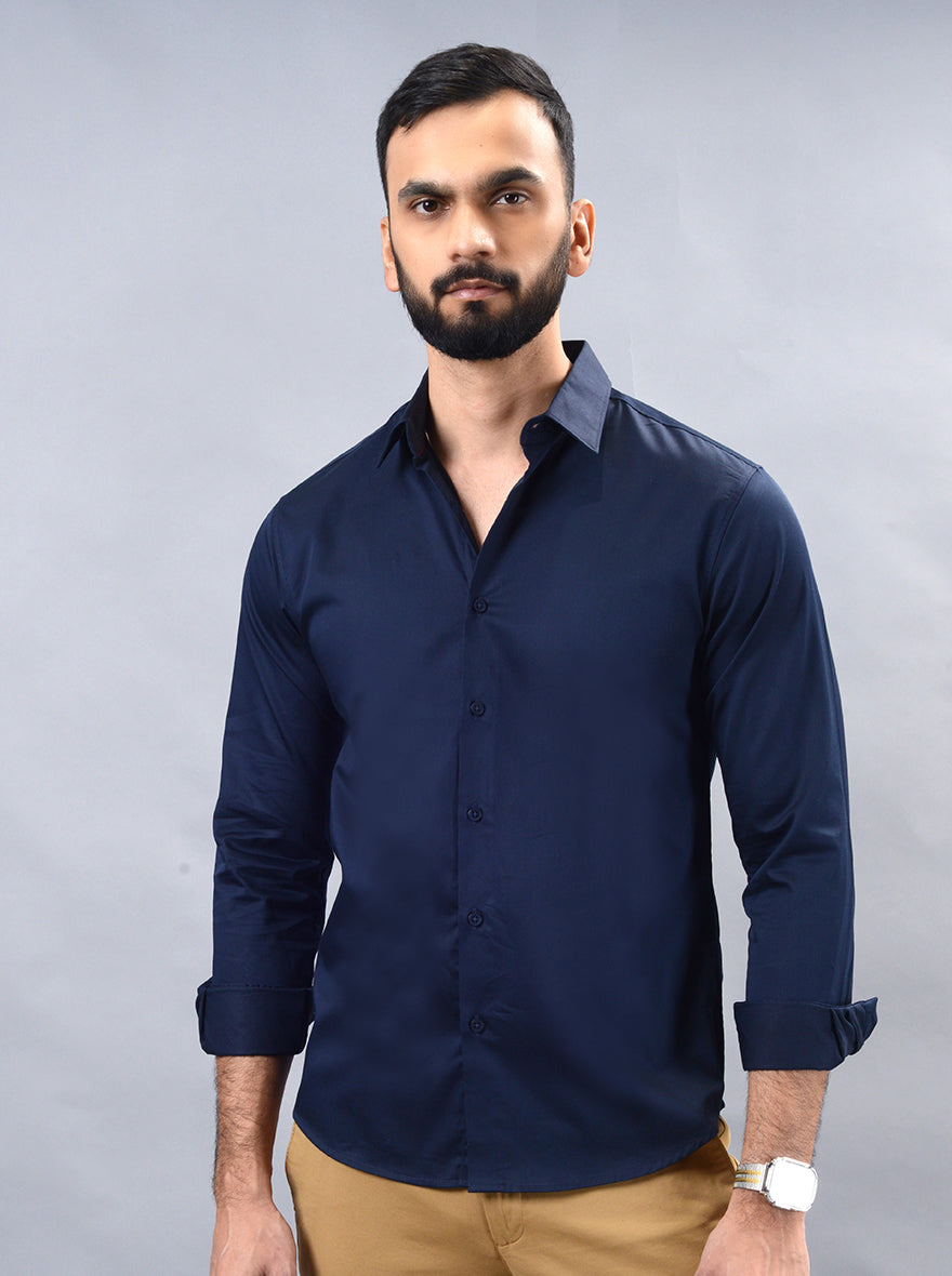 Navy Blue Solid Slim Fit Casual Shirt | pehervi