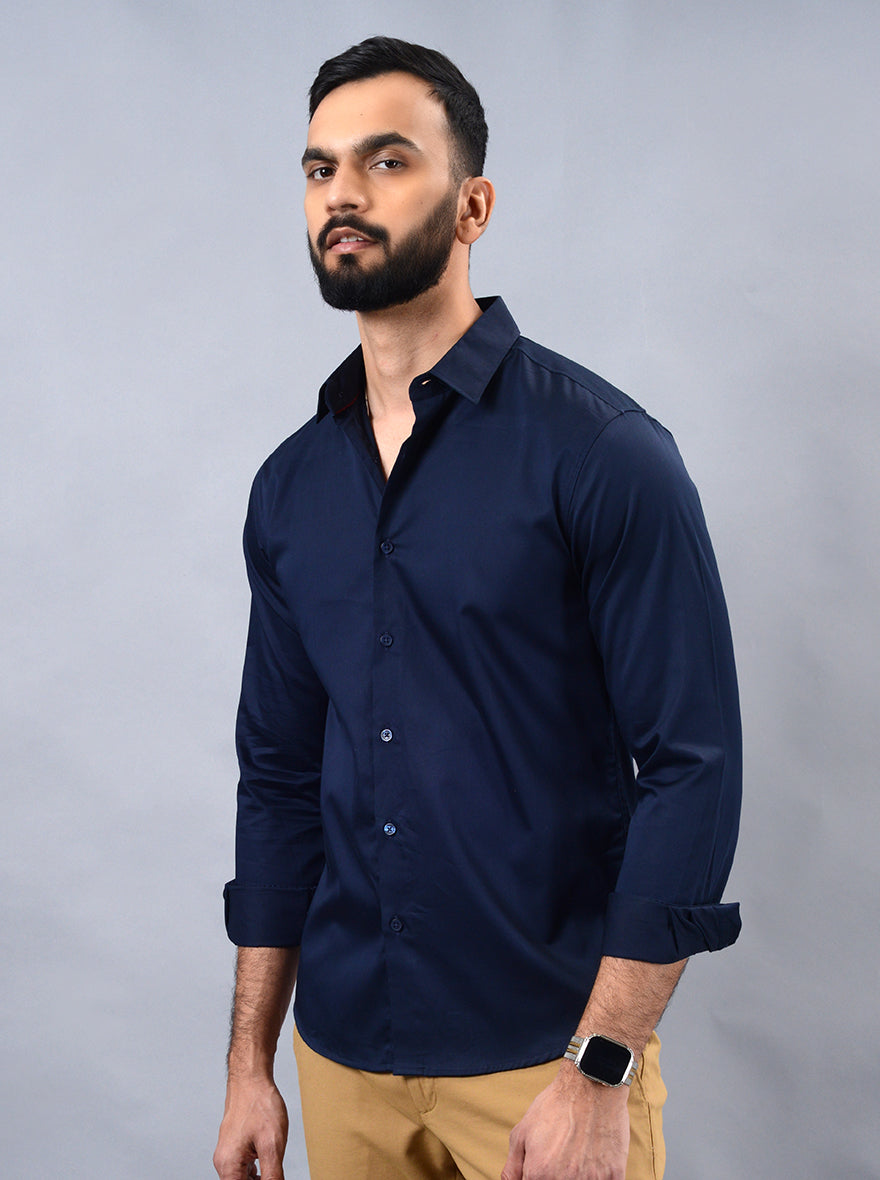 Navy Blue Solid Slim Fit Casual Shirt | pehervi