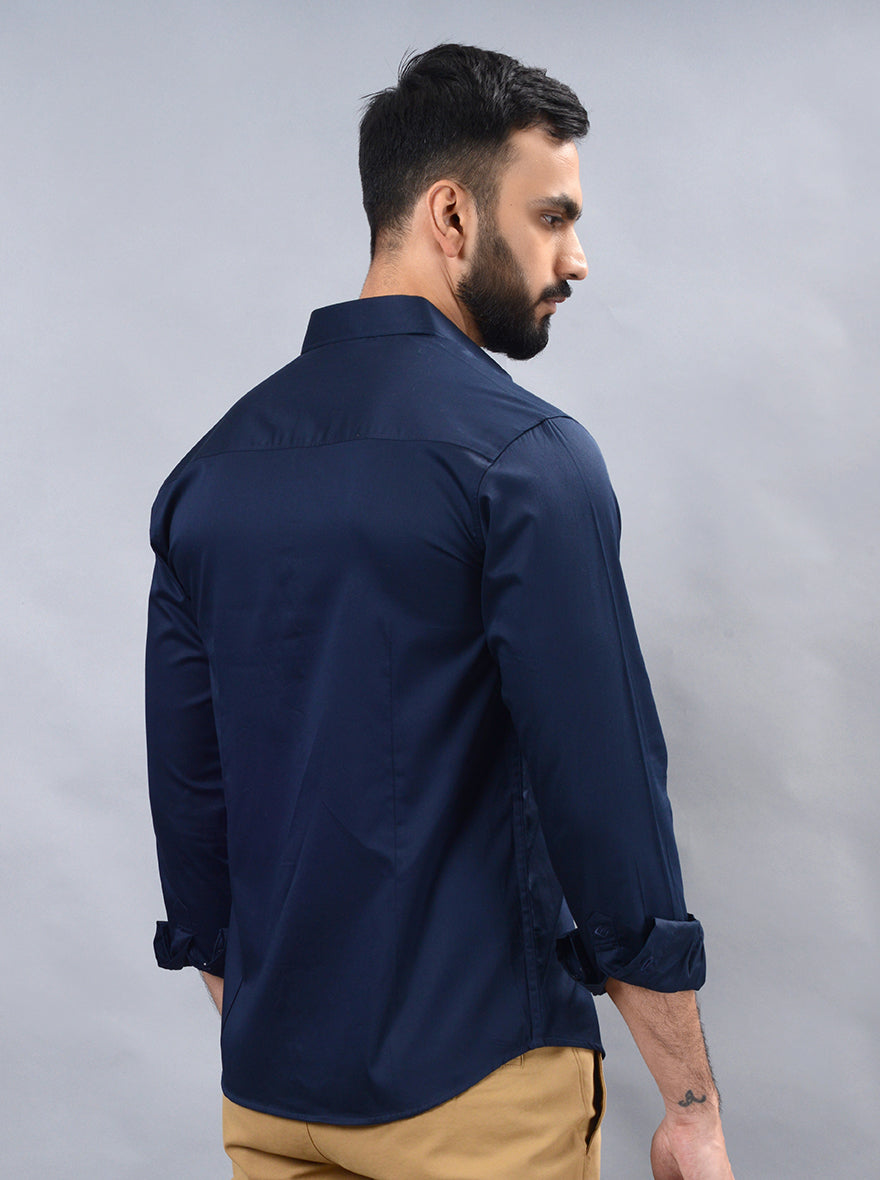 Navy Blue Solid Slim Fit Casual Shirt | pehervi