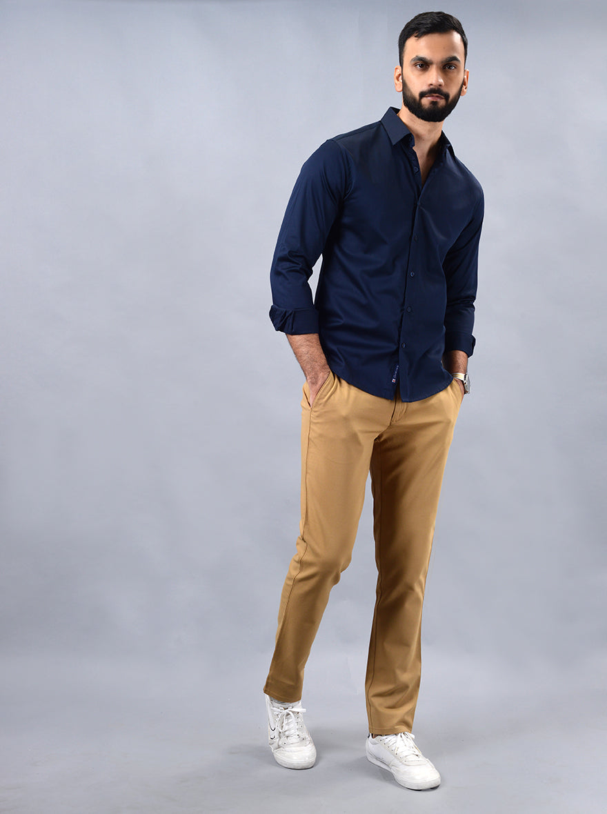 Navy Blue Solid Slim Fit Casual Shirt | pehervi