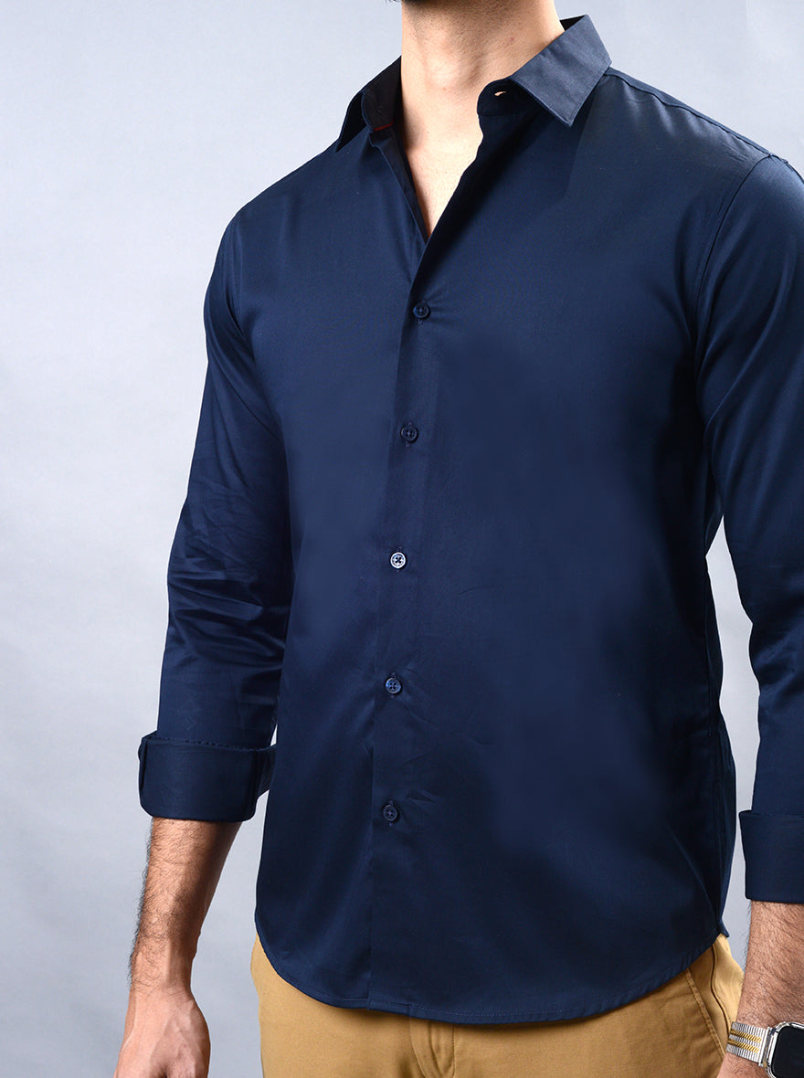 Navy Blue Solid Slim Fit Casual Shirt | pehervi