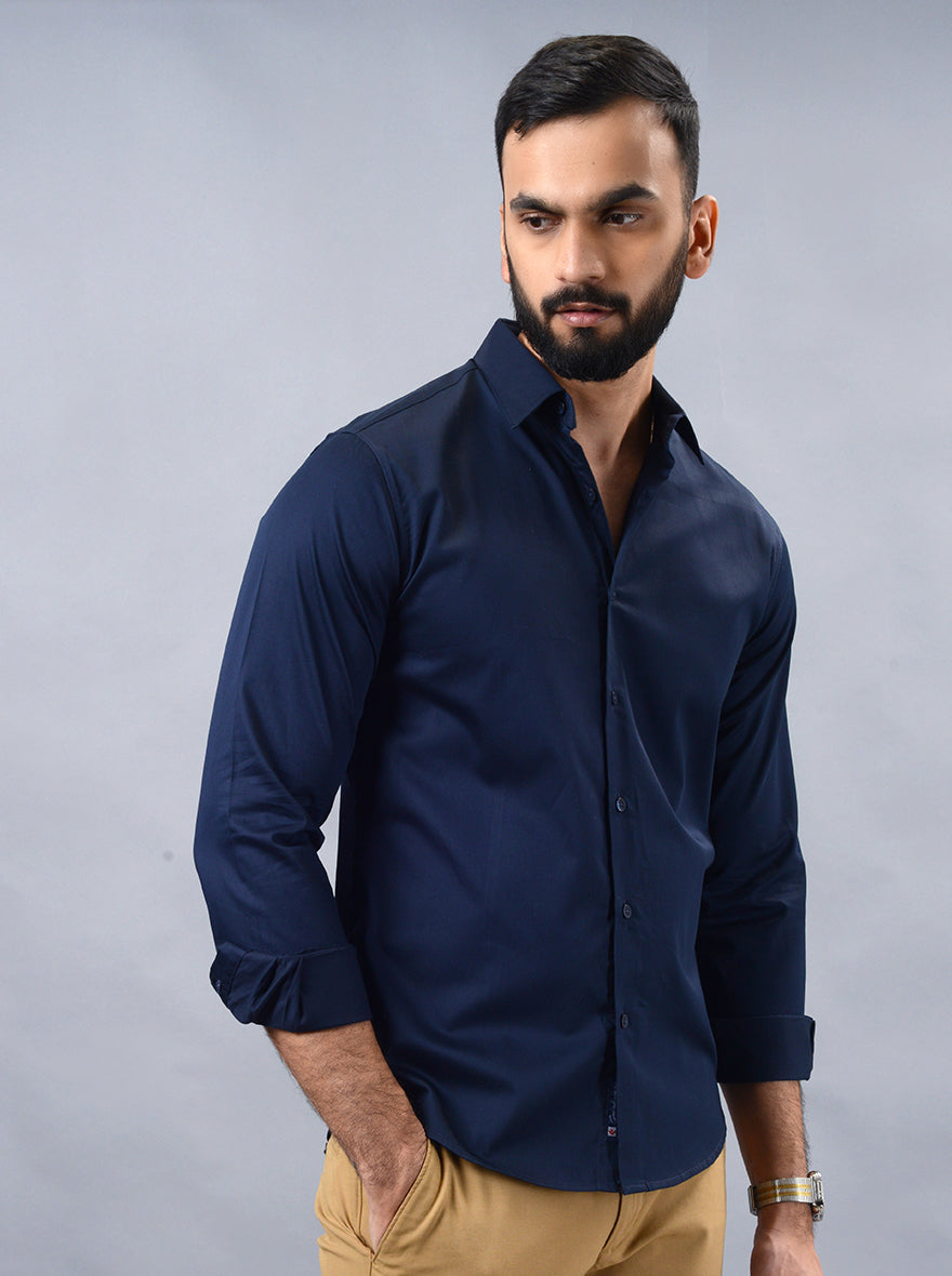 Navy Blue Solid Slim Fit Casual Shirt | pehervi