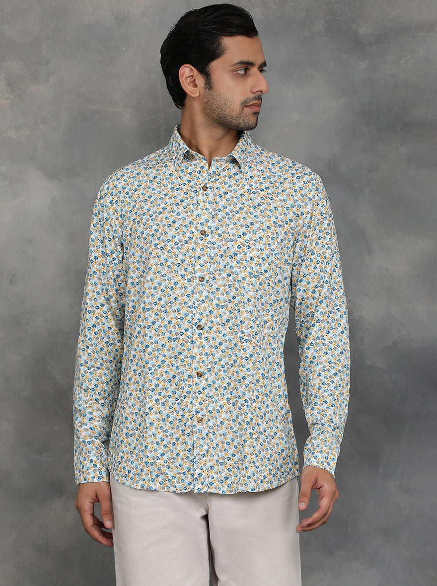Blue & Yellow Printed Slim Fit Casual Shirt | pehervi