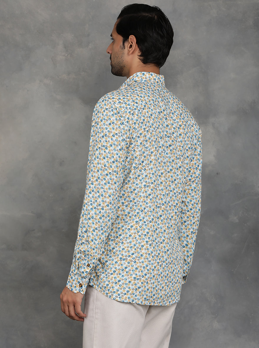 Blue & Yellow Printed Slim Fit Casual Shirt | pehervi