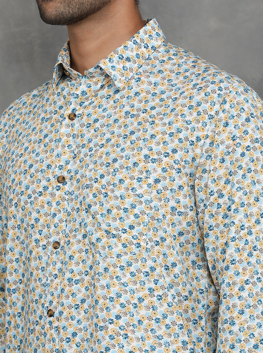 Blue & Yellow Printed Slim Fit Casual Shirt | pehervi