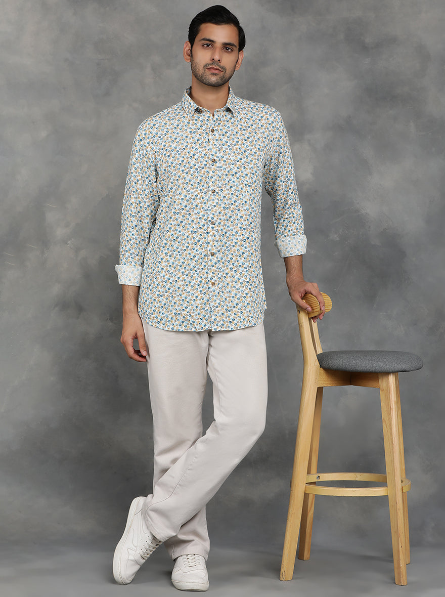 Blue & Yellow Printed Slim Fit Casual Shirt | pehervi
