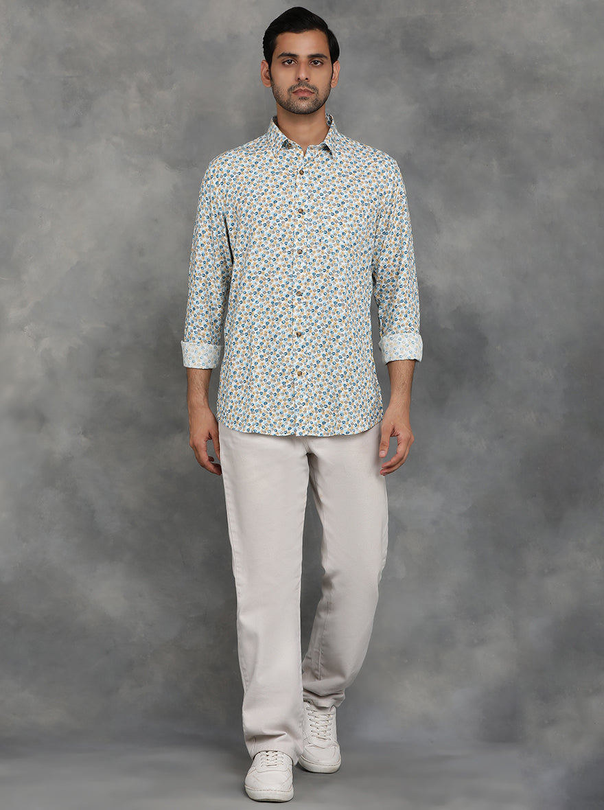 Blue & Yellow Printed Slim Fit Casual Shirt | pehervi