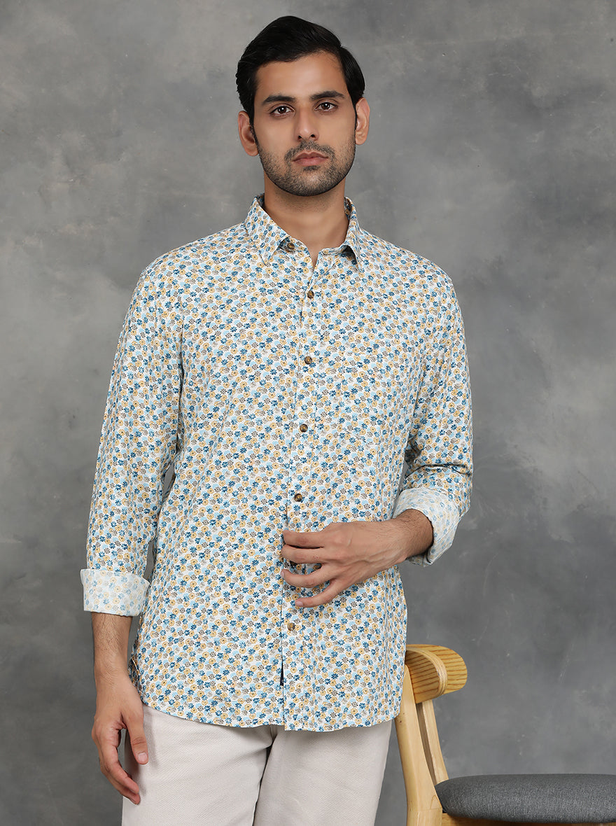 Blue & Yellow Printed Slim Fit Casual Shirt | pehervi