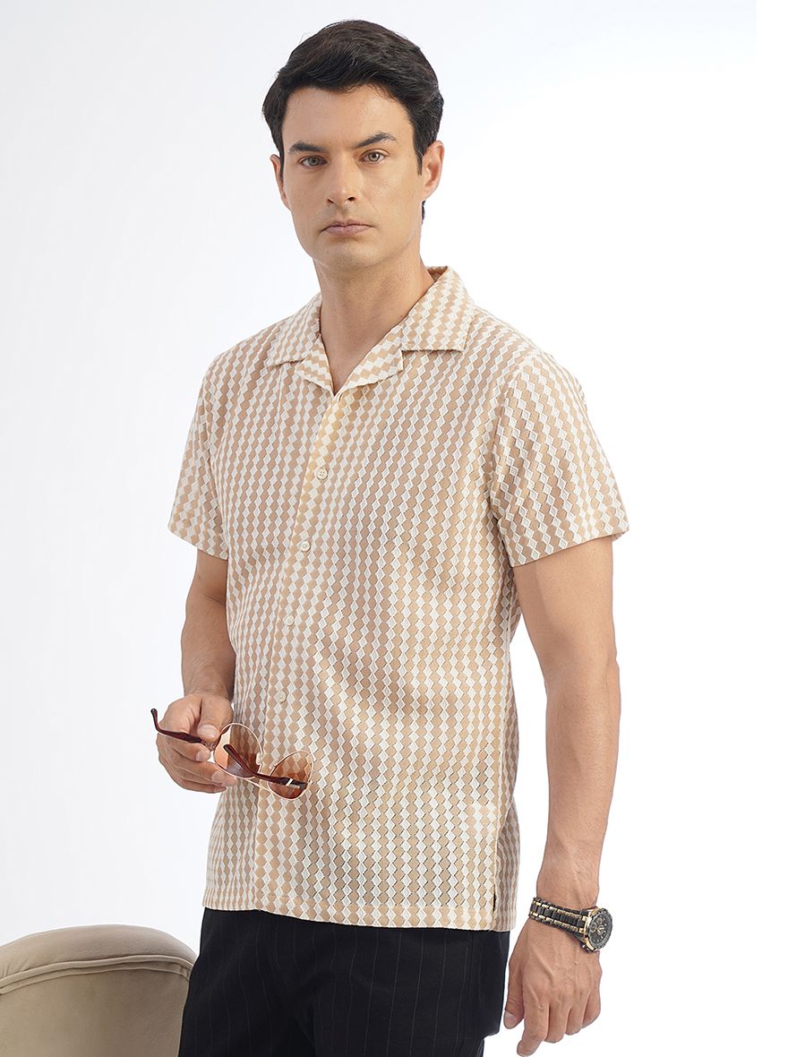 Cream Striped Slim Fit Casual Shirt | pehervi