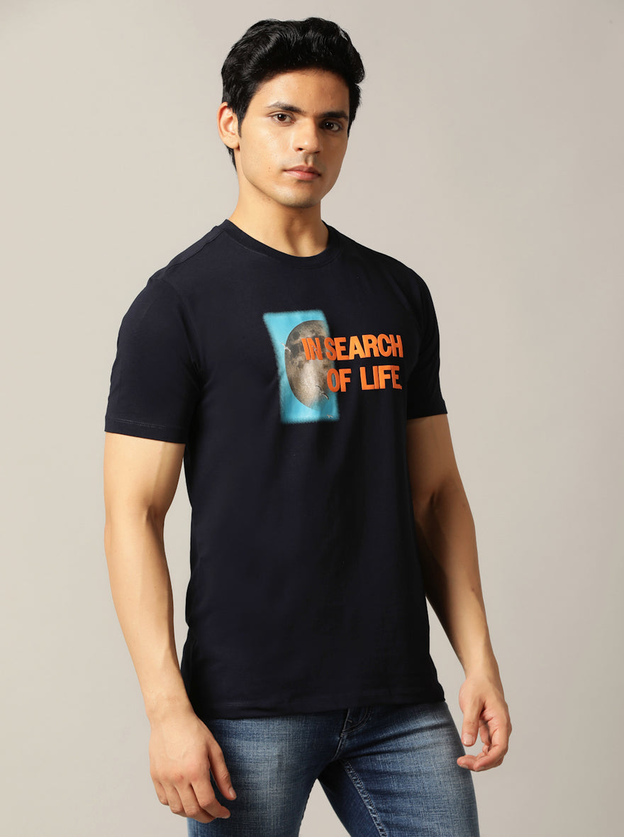 Navy Blue Printed Slim Fit T-Shirt | pehervi
