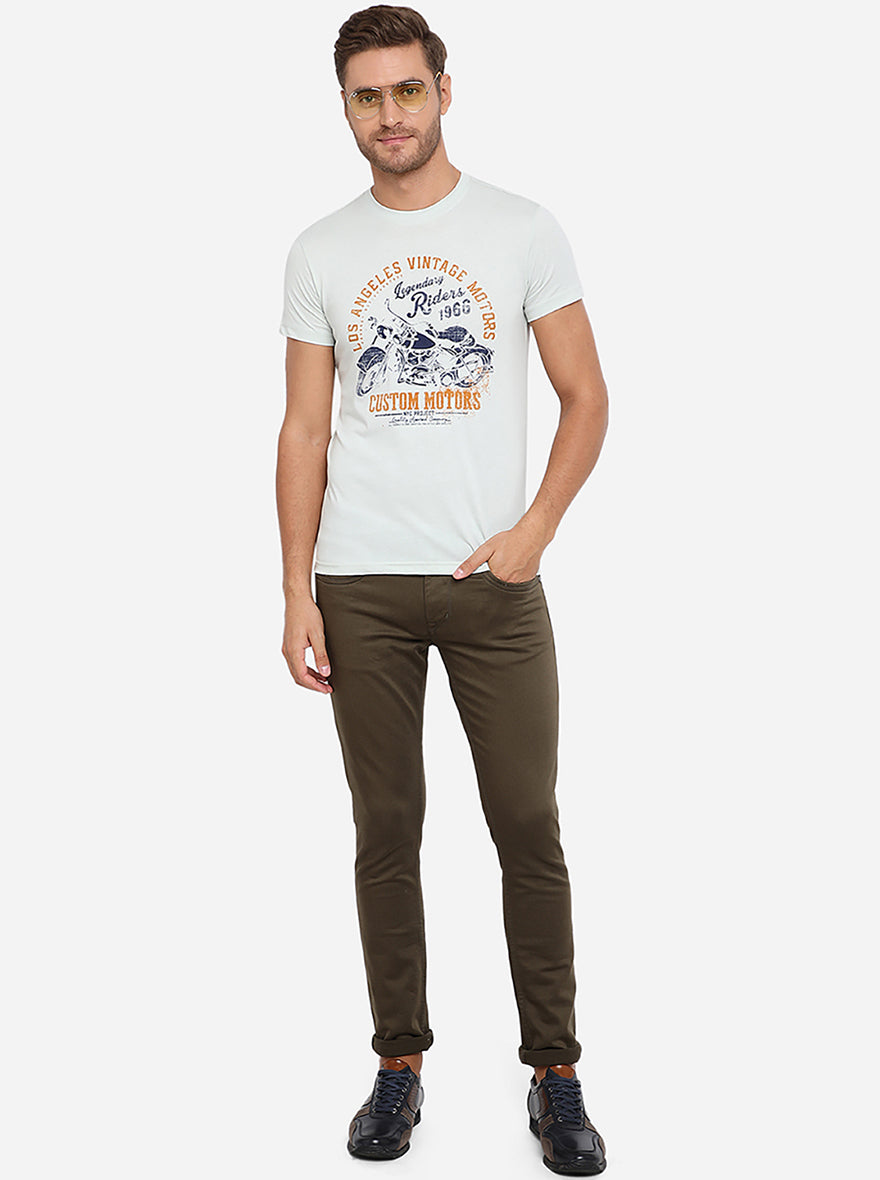Light Green Printed Slim Fit T-Shirt | pehervi