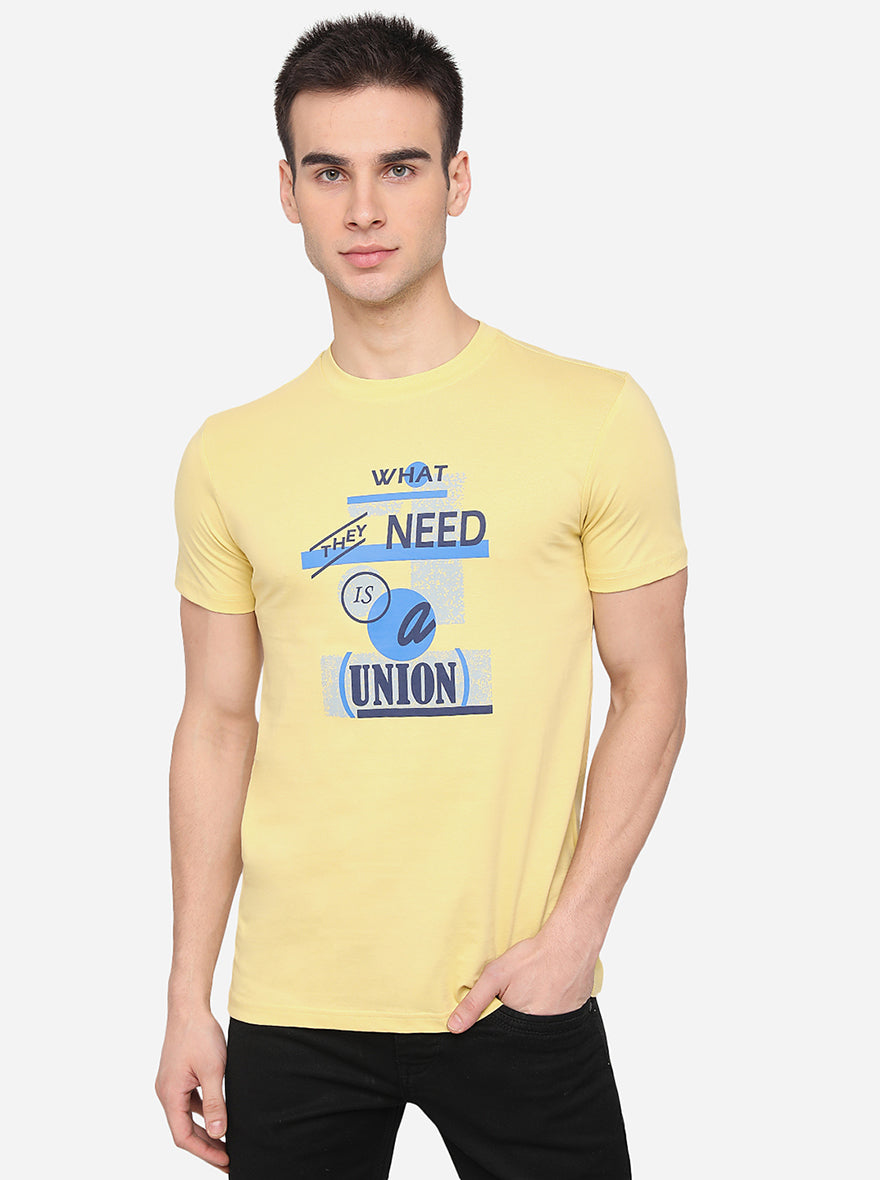 Light Yellow Printed Slim Fit T-Shirt | pehervi