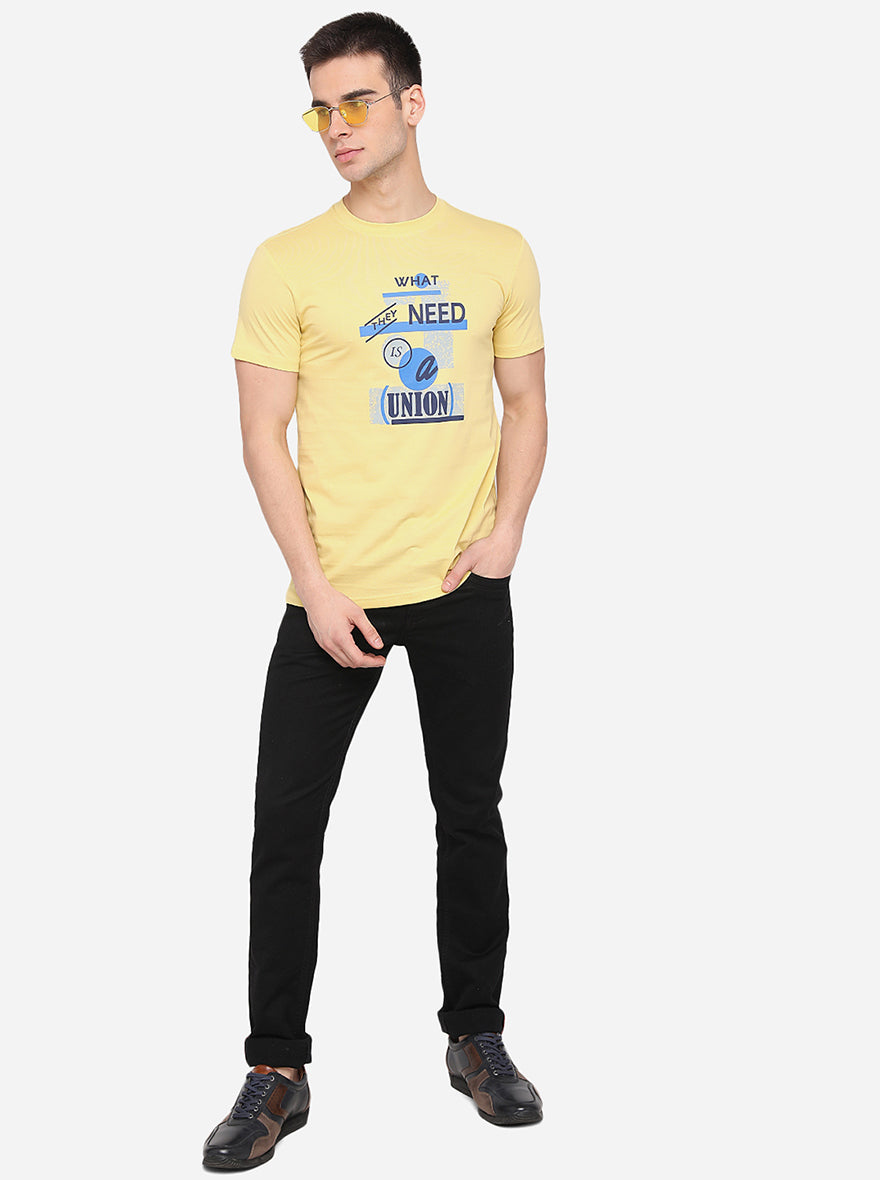 Light Yellow Printed Slim Fit T-Shirt | pehervi