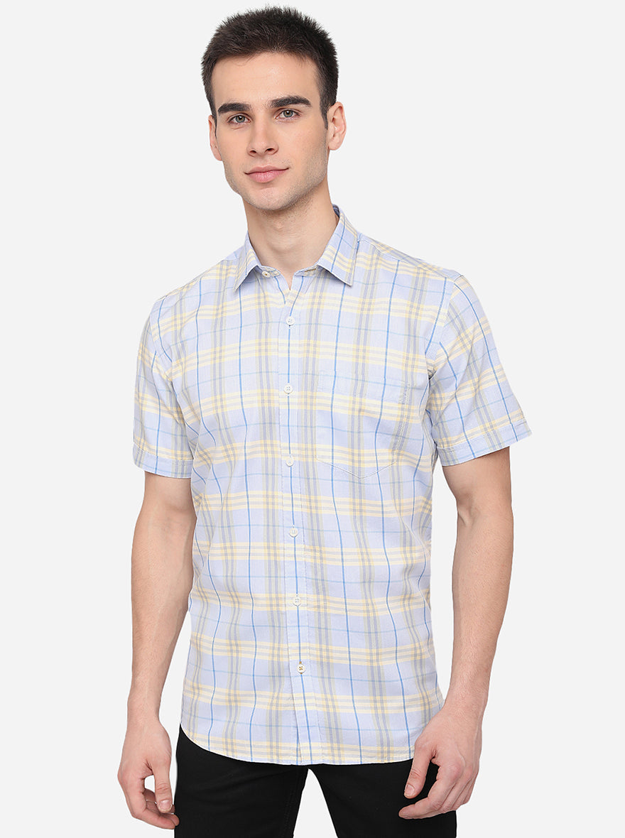 Sky Blue & Light Yellow Checked Smart Fit Semi Casual Shirt | Pehervi
