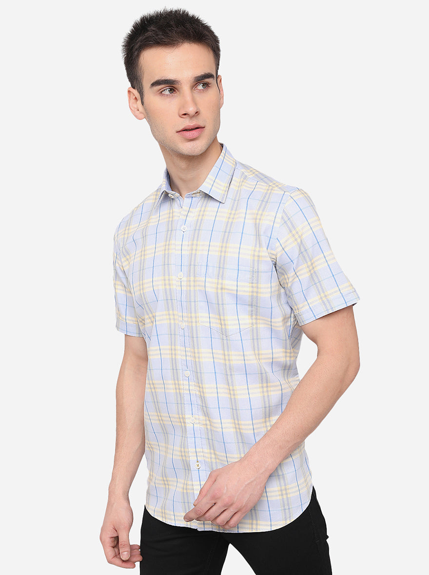 Sky Blue & Light Yellow Checked Smart Fit Semi Casual Shirt | Pehervi