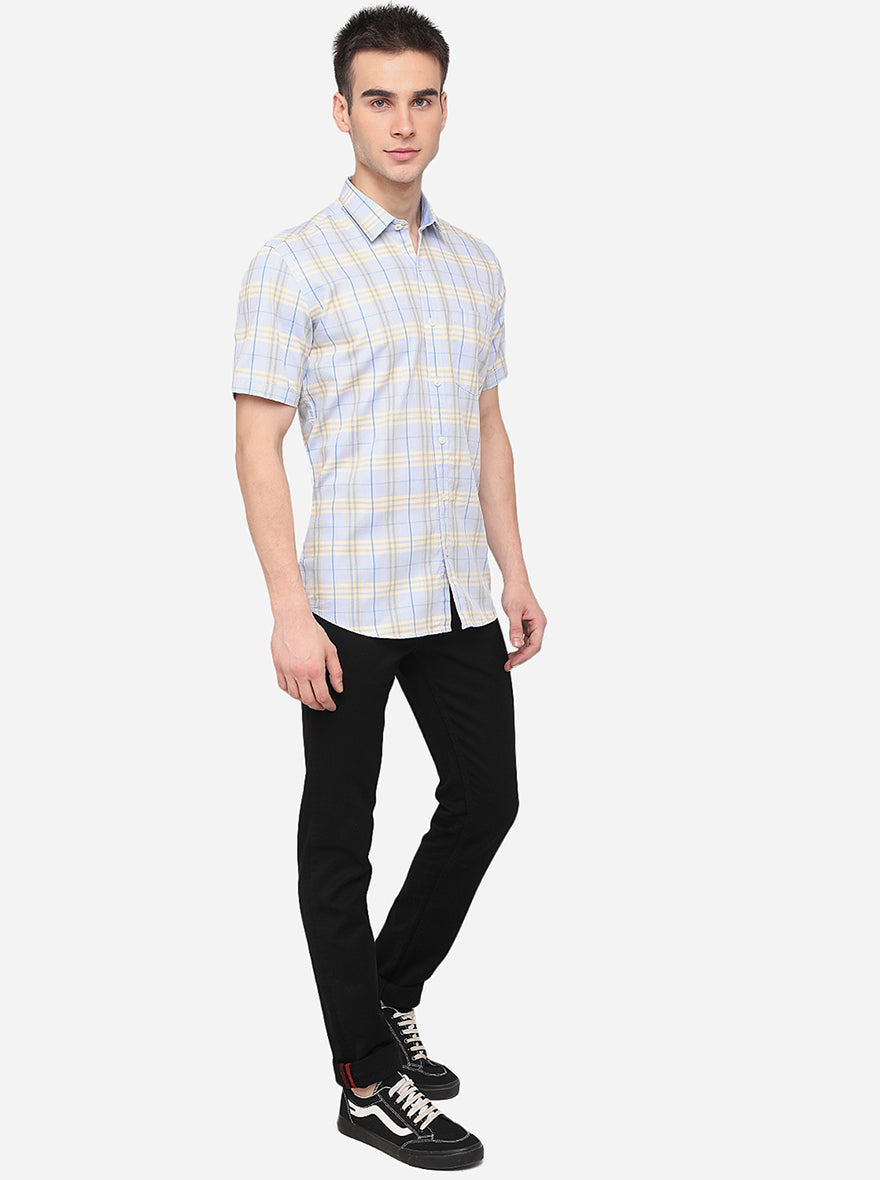 Sky Blue & Light Yellow Checked Smart Fit Semi Casual Shirt | Pehervi