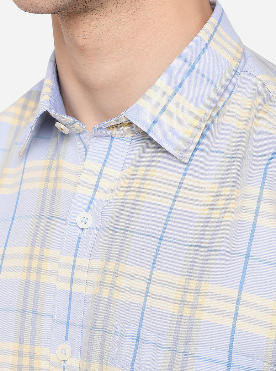 Sky Blue & Light Yellow Checked Smart Fit Semi Casual Shirt | Pehervi