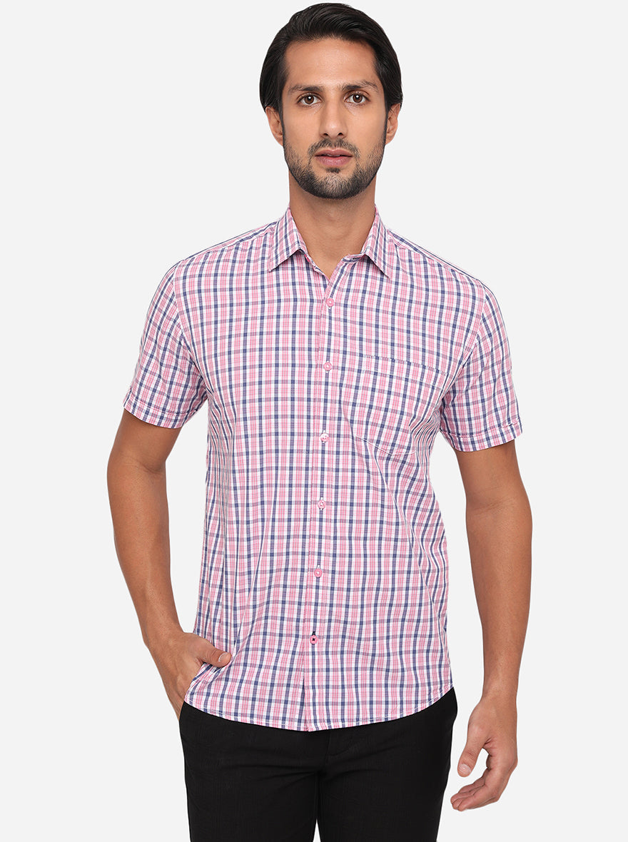 Rose Pink Checked Slim Fit Semi Casual Shirt | Pehervi