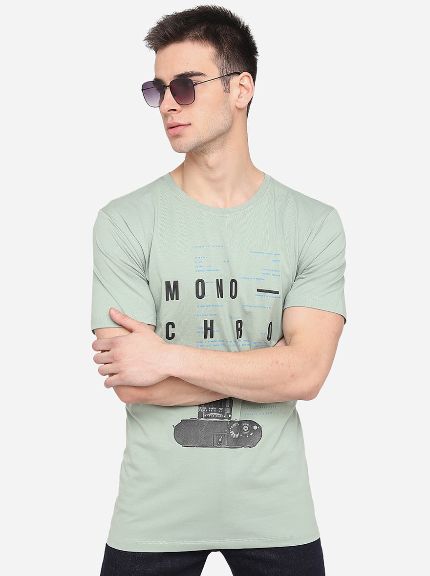 Pista Green Printed Slim Fit T-Shirt | pehervi