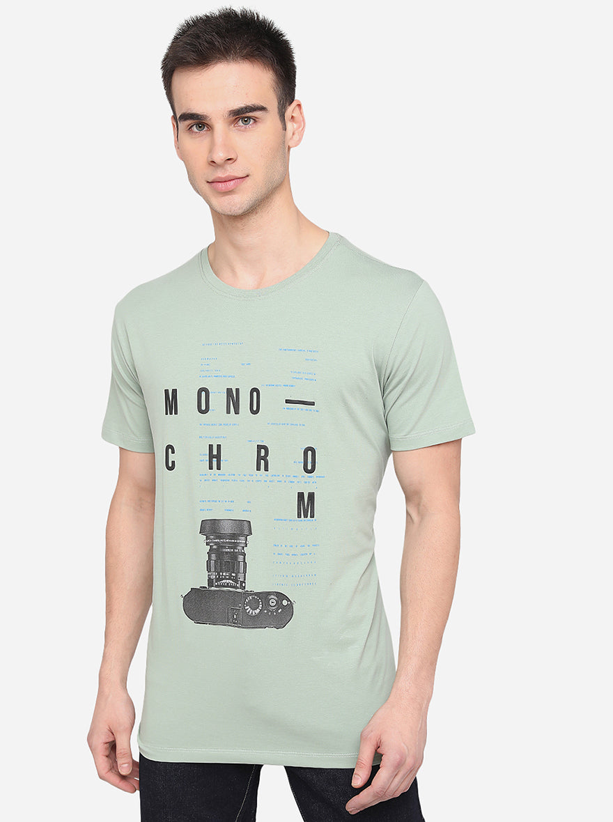 Pista Green Printed Slim Fit T-Shirt | pehervi