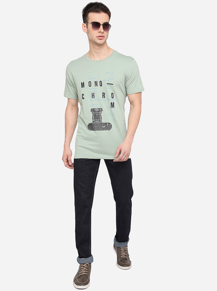 Pista Green Printed Slim Fit T-Shirt | pehervi