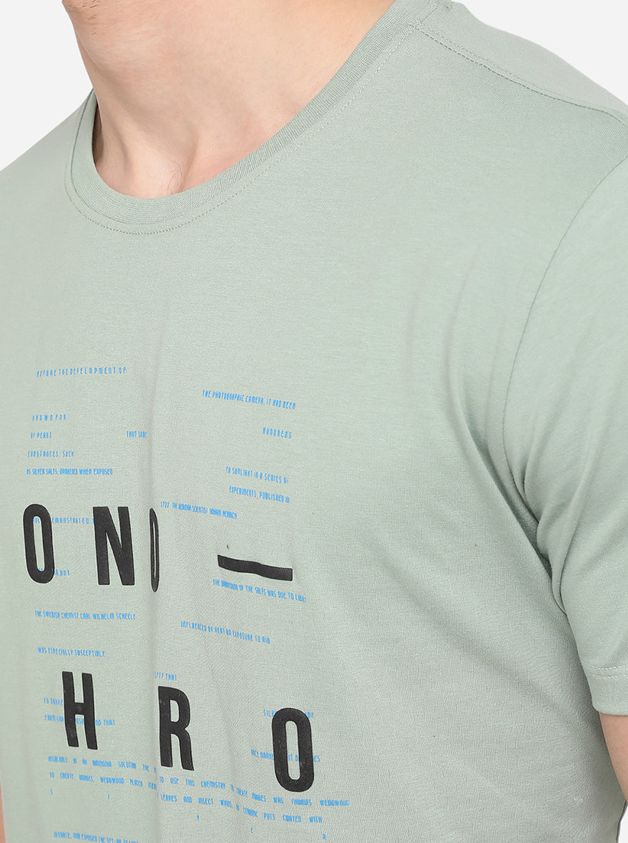 Pista Green Printed Slim Fit T-Shirt | pehervi