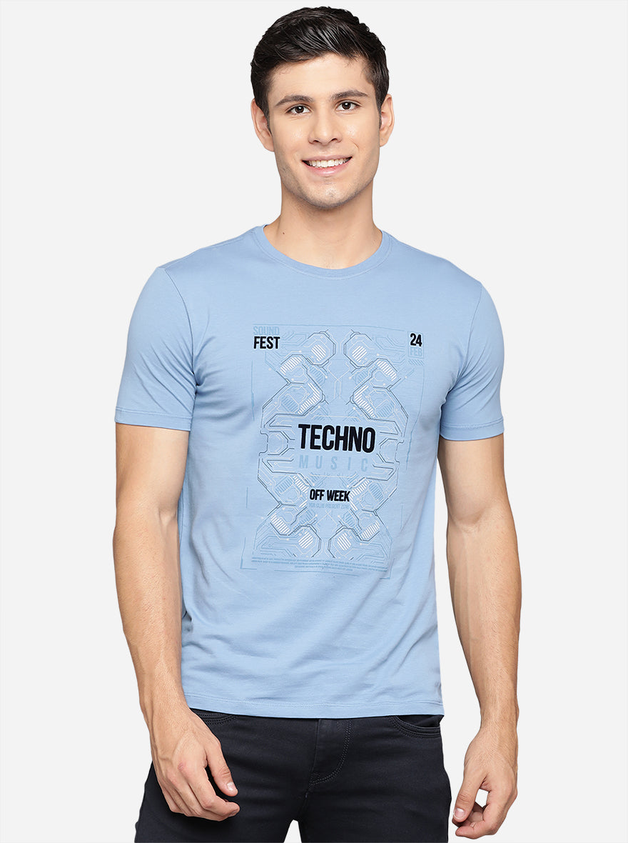 Sky Blue Printed Slim Fit T-Shirt | pehervi